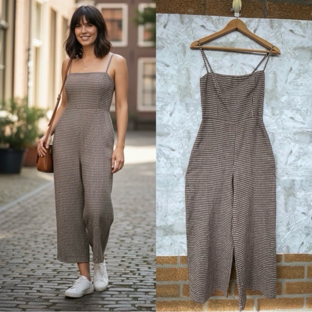 Reformation Overland Brown Houndstooth Checkered Linen Jumpsuit